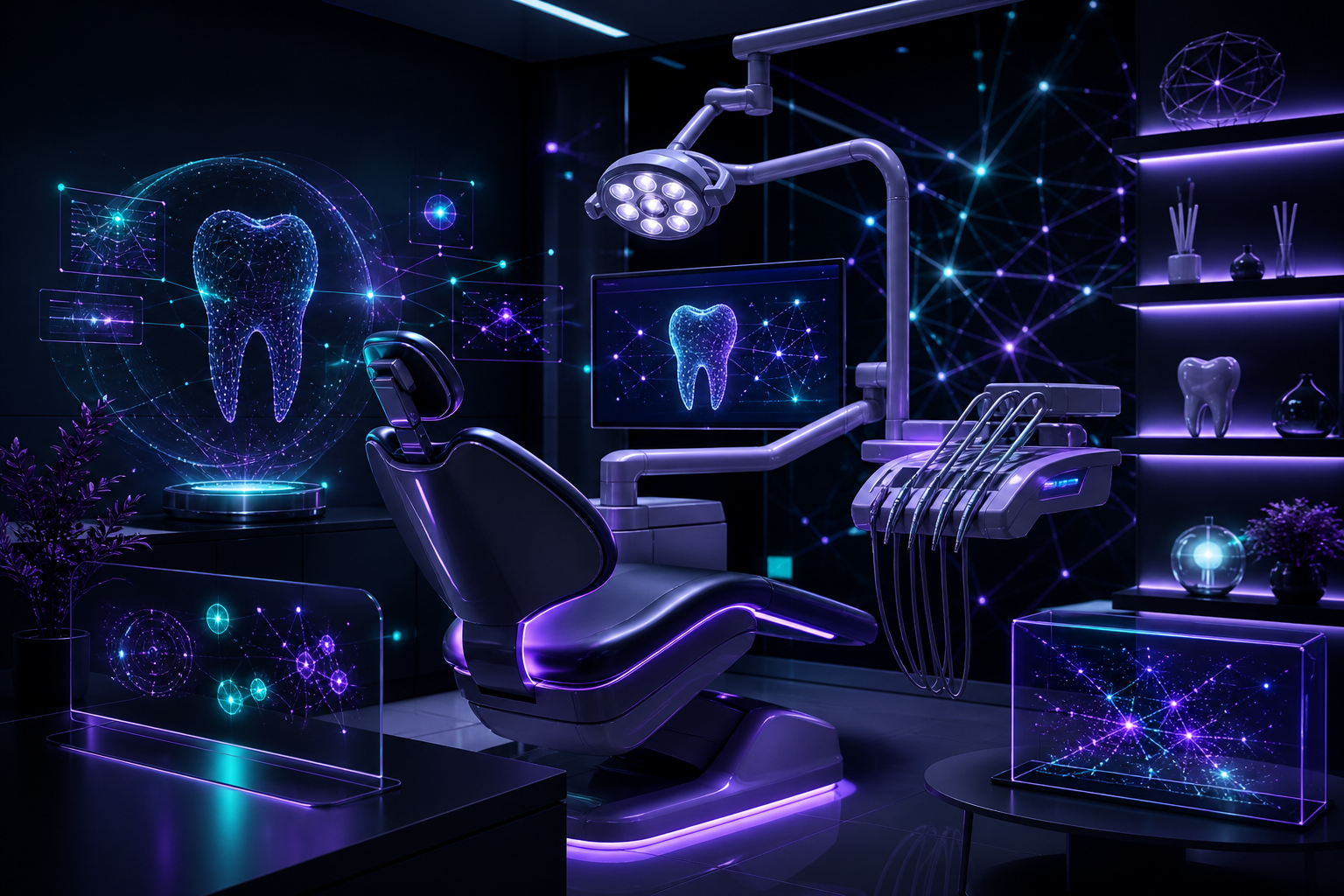 Escena futurista de una clínica dental con sistemas automatizados de recordatorios
