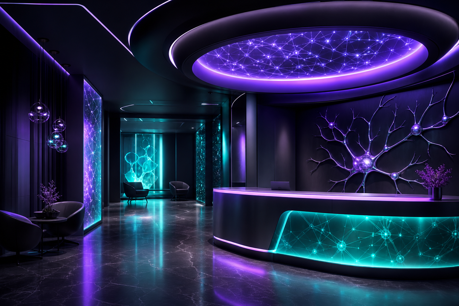 Recepción moderna de clínica con iluminación futurista y elementos tecnológicos