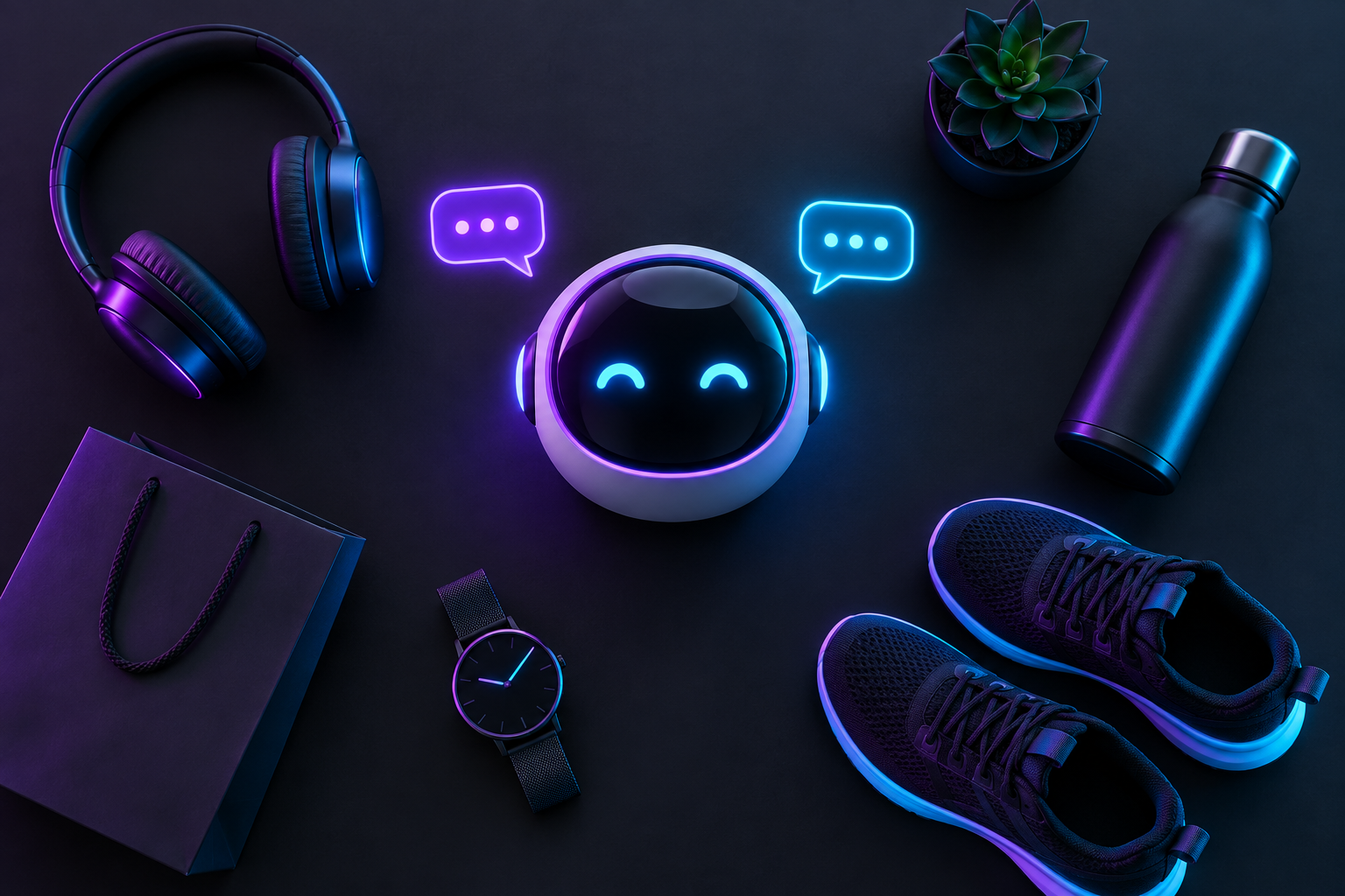 Chatbot y productos de retail en una composición minimalista