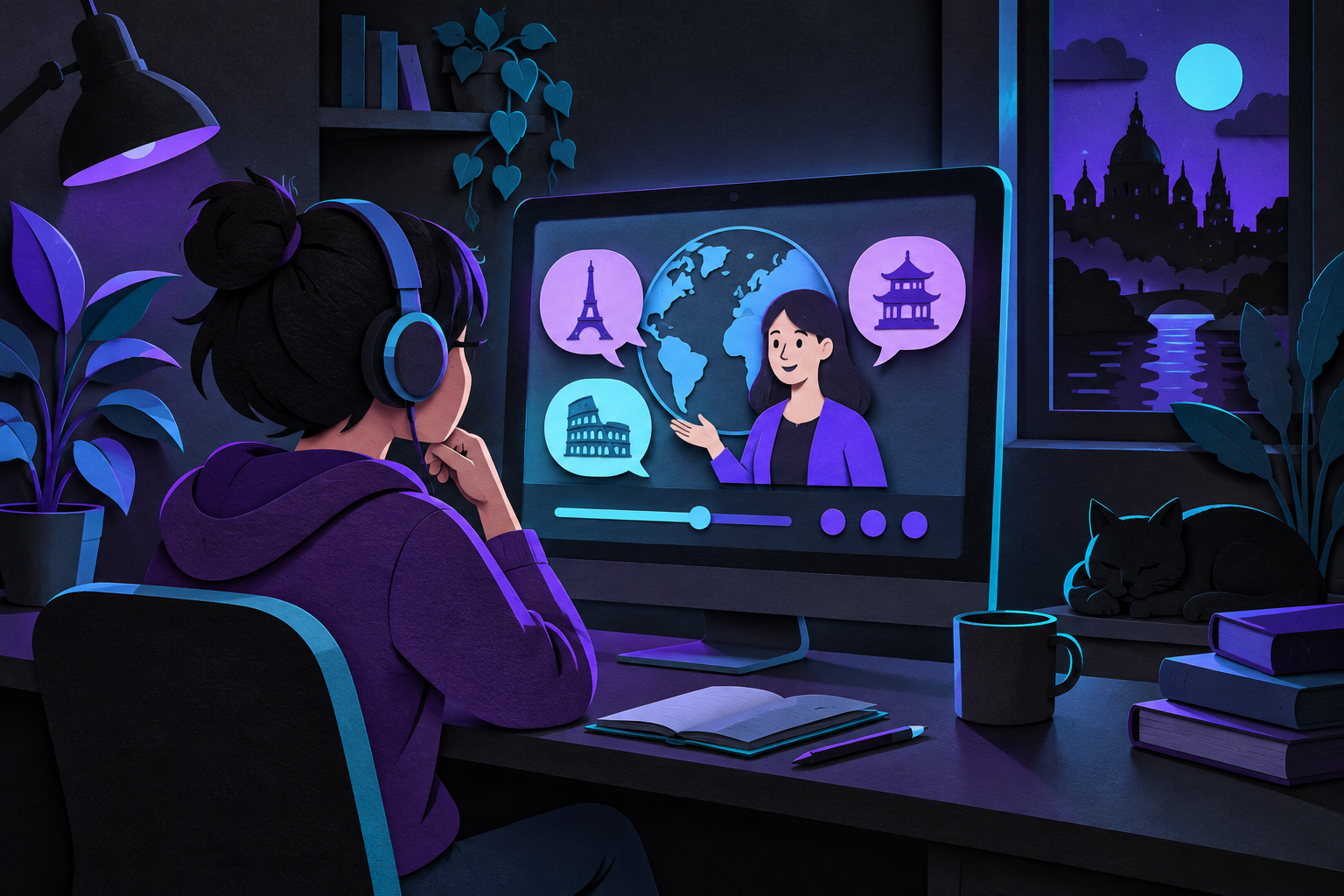 Estudiante utilizando software de gestión en una academia de idiomas